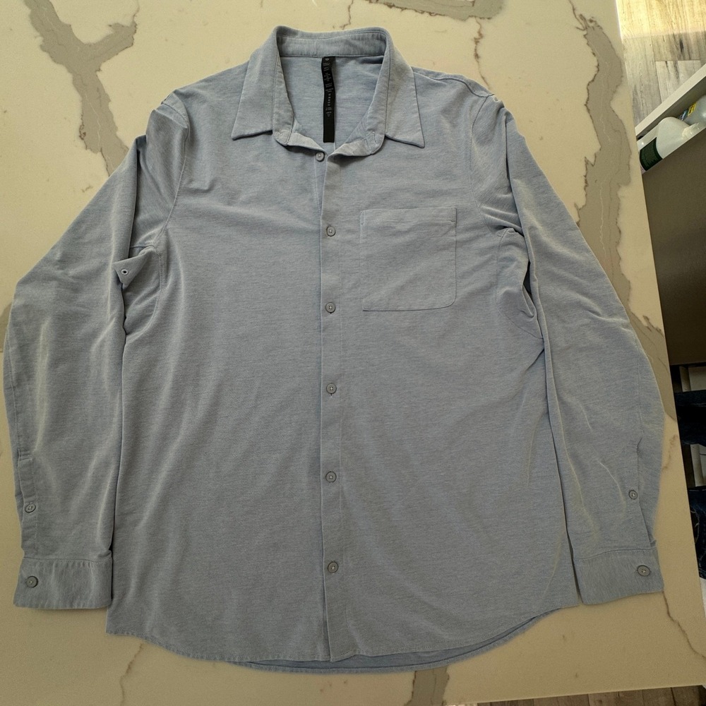 Lululemon Commission Button up Shirt XL Blue Knit One Pocket Stretch Long Sleeve - Picture 7 of 9